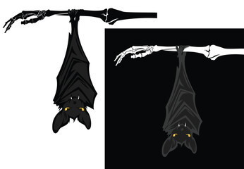 Wall Mural - creepy vampire bat hanging on human skeleton hand - halloween dark witchcraft black and white vector