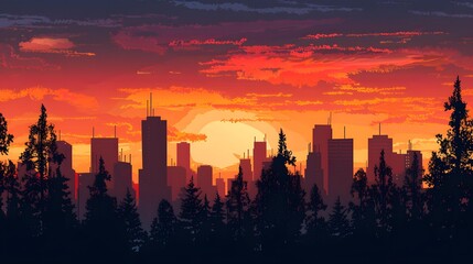 Poster - Silhouette Cityscape with Sunset Sky