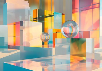 Canvas Print - Abstract Glass 3D Illustration with Colorful Shapes