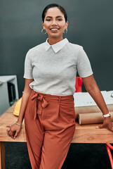 Poster - Woman, architect and portrait in office for smile, pride or confident in career at construction agency. Person, happy and engineer in workplace for design, project or property at startup in Colombia