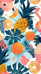 Sticker - a colorful tropical pattern with flamingos, oranges, and pineapples