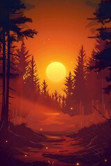 Poster - Forest Sunset Landscape Illustration