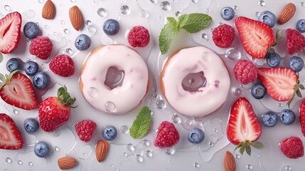   Two doughnuts perched atop a table, garnished with berries and almonds