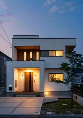 Poster - Modern White House with Wooden Door at Twilight