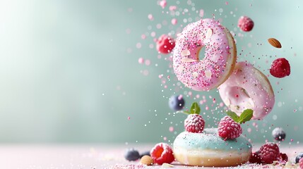 Poster -   A doughnut sprinkled with raspberries and powdered sugar, appearing to be falling out of it