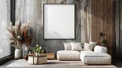 Wall Mural - Mockup poster frame on the wall of the living room. Luxurious apartment background with contemporary design. Modern interior design. 3D render, design