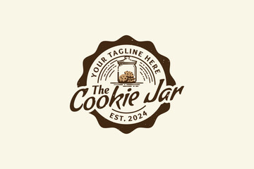 Canvas Print - cookie jar logo with a jar filled with cookies, in emblem shape and vintage style, for cookie shop, bakery, snack, cafe, etc.