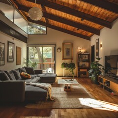 Wall Mural - a living room with a couch, television, and a table