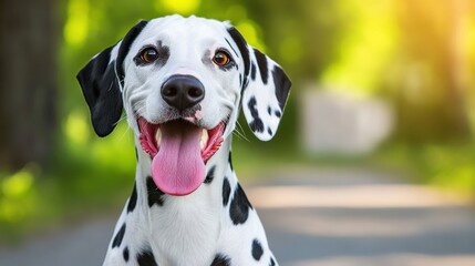 Wall Mural - A Dalmatian dog with a red collar is looking at the camera