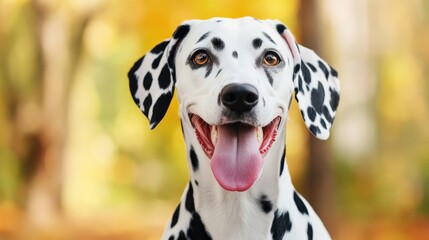 Wall Mural - A Dalmatian dog with a red collar is looking at the camera