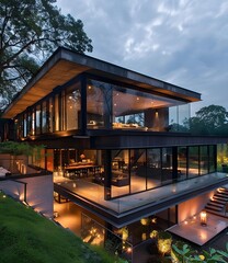 Poster - Modern Home with Large Glass Windows and a Terrace