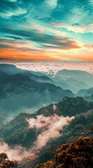 Wall Mural - Aerial View of Mountains with Clouds and Fog