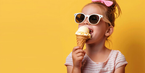 little girl eating ice cream on yellow background.