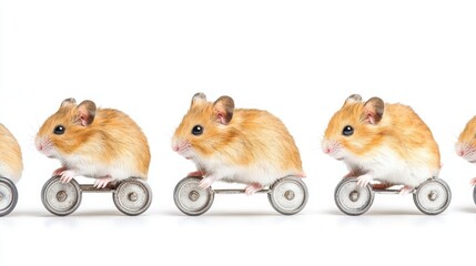 A group of hamsters running on vintage wheels