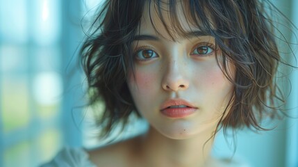 Wall Mural - Young Woman With Short Hair in Soft Natural Light Posing by a Window