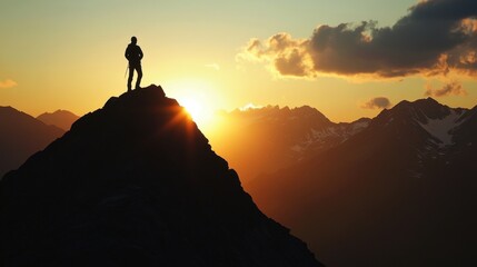 Wall Mural - a person standing on top of a mountain at sunset