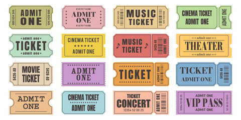 Wall Mural - Vector set of admit one tickets template. Ticket for cinema,movie,circus,theater,film,festival,casino,club,music etc. Event admission, entrance pass set .Vector illustration