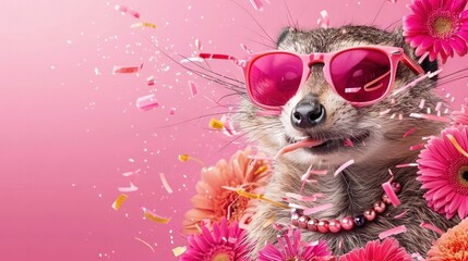 Canvas Print -  A raccoon in pink glasses with pink flowers and confetti on a pink background