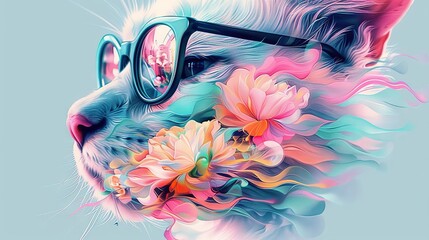 Wall Mural -   Close-up of a cat in glasses with flowers on its head wearing glasses