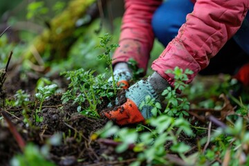 Weed Garden: Woman's Hand Removing Wild Plant with Tool in Green Garden