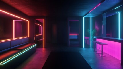 Aufkleber - Dark room with black walls, highlighted by vibrant neon lights in a 3D rendered scene.