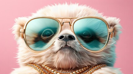 Poster -   A close-up of a dog wearing sunglasses with pearls on its face