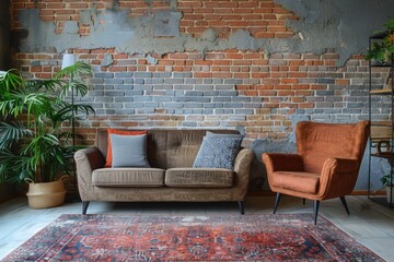 Wall Mural - Brick Wall Room. Modern Apartment Interior Design with Comfortable Armchair near Beautiful Brick Wall