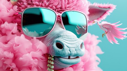 Wall Mural -   A photo of a stuffed animal wearing sunglasses and holding a bird on its neck