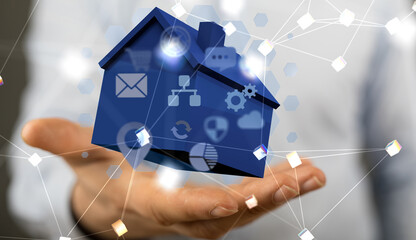 Poster - home data. Digital cyberspace with particles and Digital data network connections concept.