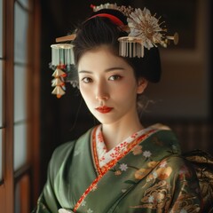 Wall Mural - a woman in a kimono is looking out a window