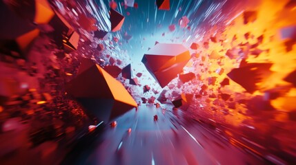 Aufkleber - Dynamic 3D rendering with colorful, rotating polygonal shapes and an energetic feel.