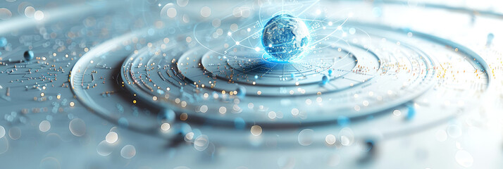 Canvas Print - blue futuristic digital globe surrounded by abstract data rings and light particles, representing gl