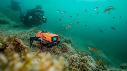 Aufkleber - A diver observes an underwater robot navigating through a vibrant coral reef filled with fish.