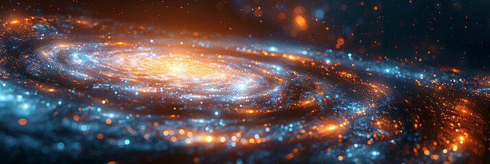 Wall Mural - bright spiral galaxy with blue and orange glowing lights on a dark background, capturing the beauty 