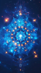 Canvas Print - intricate blue and orange fractal pattern resembling a mandala, with glowing star-like elements on a