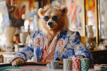 Animal Bear plays poker blackjack in a casino, fantasy