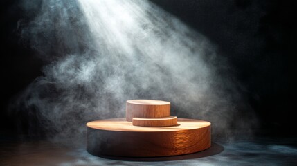Leinwandbilder - Empty wooden cylinder display stand on a dark abstract background, with smoke rising and a bright spotlight.
