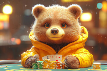 Animal Bear plays poker blackjack in a casino, fantasy