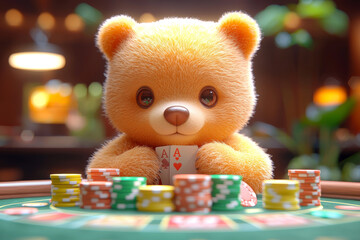 Animal Bear plays poker blackjack in a casino, fantasy