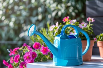 Canvas Print - Bright Blue Watering Can Placed Next to Vibrant Flower Pots in a Garden During Daytime