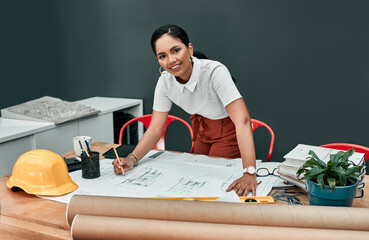 Poster - Portrait, architecture and woman at desk with blueprint, project management and creative development. Floor plan, notes and designer in office for ideas, civil engineering and construction drawing