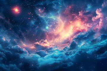 Canvas Print - vivid cosmic landscape with vibrant clouds and bright stars suitable for sci-fi and fantasy themes.