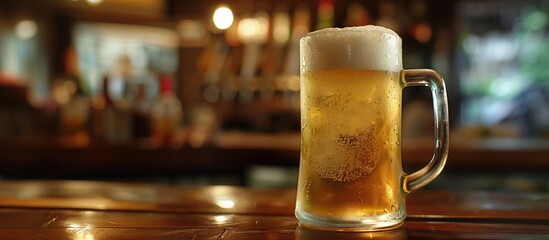 Icy cold pint of beer on a bar 