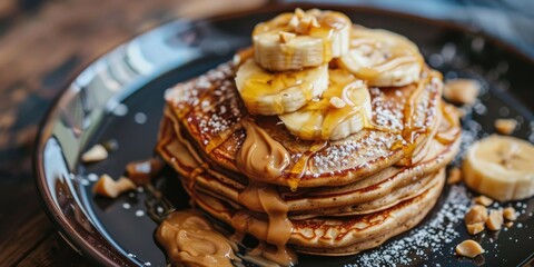 Poster - Tasty vegan banana pancakes topped with peanut butter