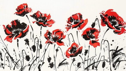 Wall Mural - red poppies woodblock print white background, red flowers, black ink block prints Generative AI