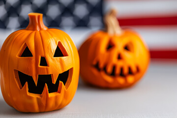 two carved jack-o'-lanterns with american flag background, symbolizing halloween celebration in the 