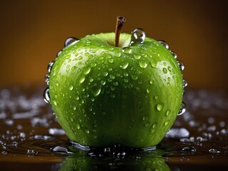 Wall Mural - Close-up advertisement macro photography of a single fresh ripe juicy green apple covered in clean water dew drops. Beautiful healthy food nutrition photo illustration.