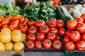 Wall Mural - bustling farmers market stall overflowing with fresh vibrant produce focus on intricate textures of vegetables warm natural lighting enhancing colors