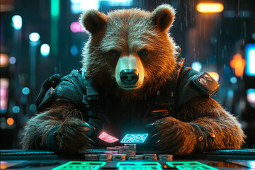 Animal Bear plays poker blackjack in a casino, fantasy