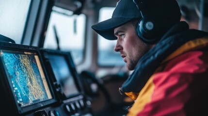 Aufkleber - A focused navigator studies navigation charts and instruments while piloting a vessel on a cloudy morning.
